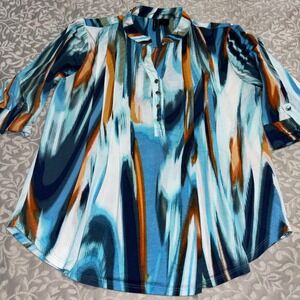 New Directions Womens Blue Orange Abstract Roll Tab 3/4 Sleeve Blouse L (E13)